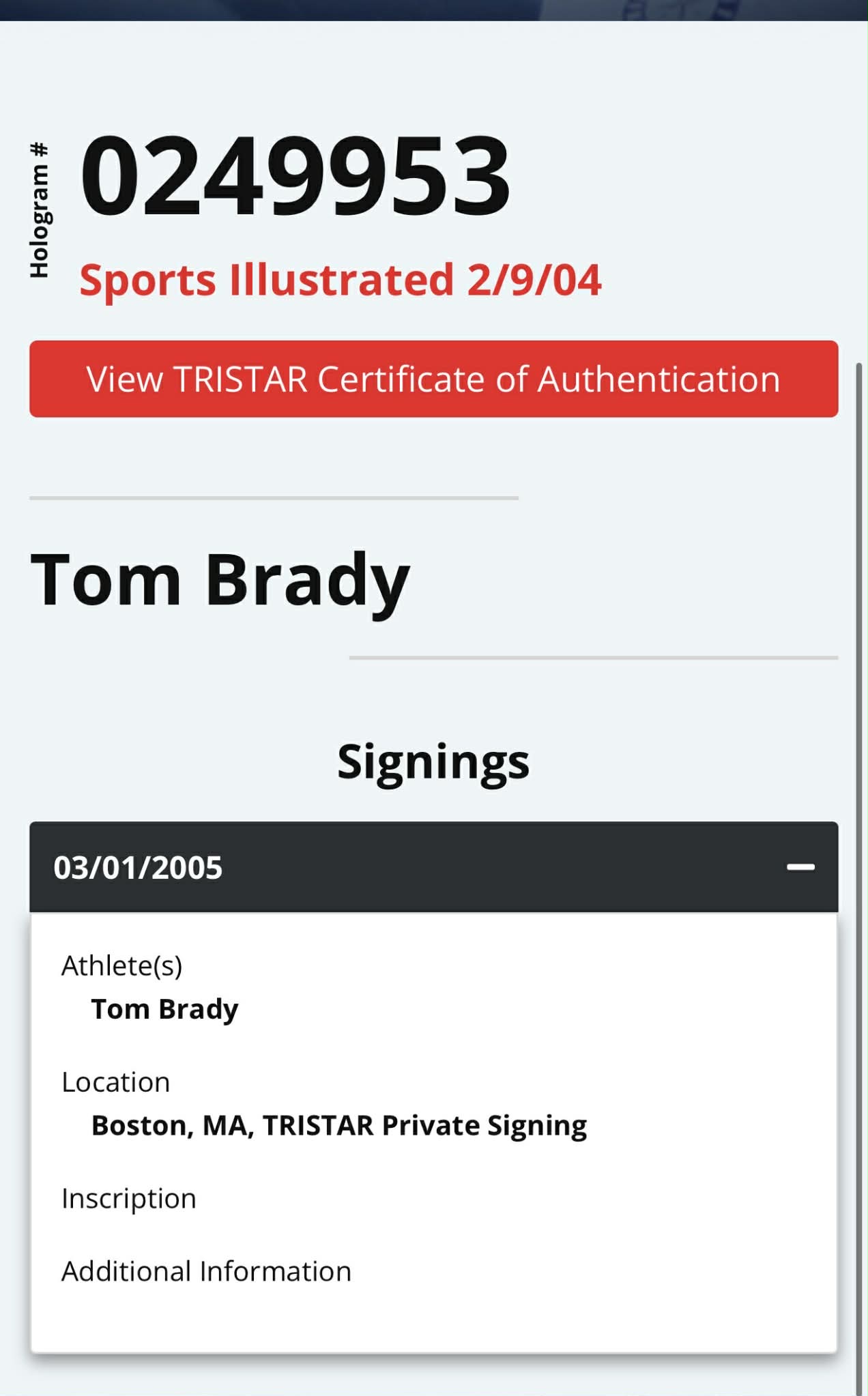 Tom Brady Signed Sports Illustrated Magazine Tristar ( FILL IN)