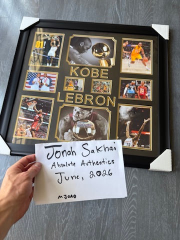 Kobe Bryant Signed Card + Lebron James Signed photo Custom Framed Piece DUAL LOA
