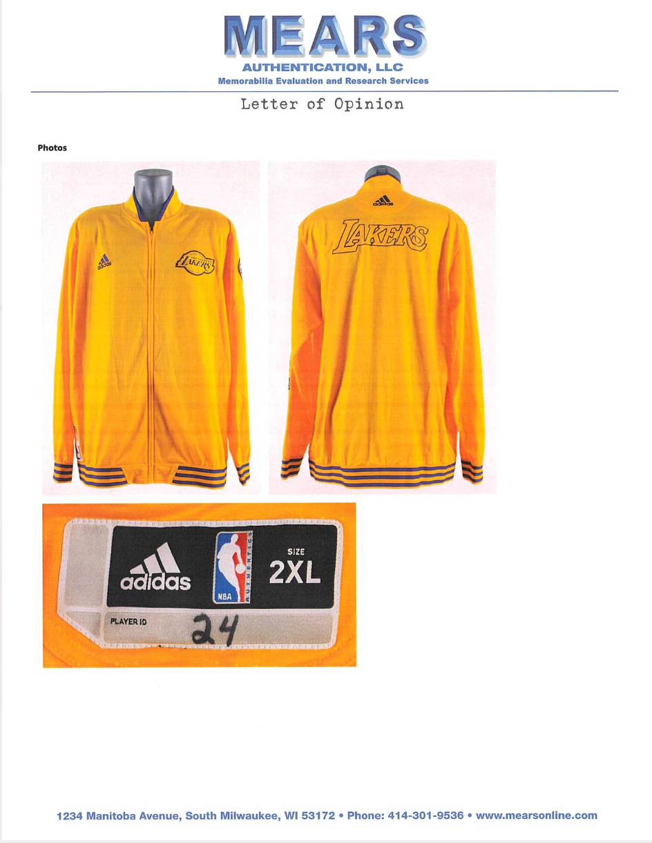 Kobe Bryant 2015 16 Los Angeles Lakers Adidas Warm Up Jacket Game Used/Game Issued Mears LOA
