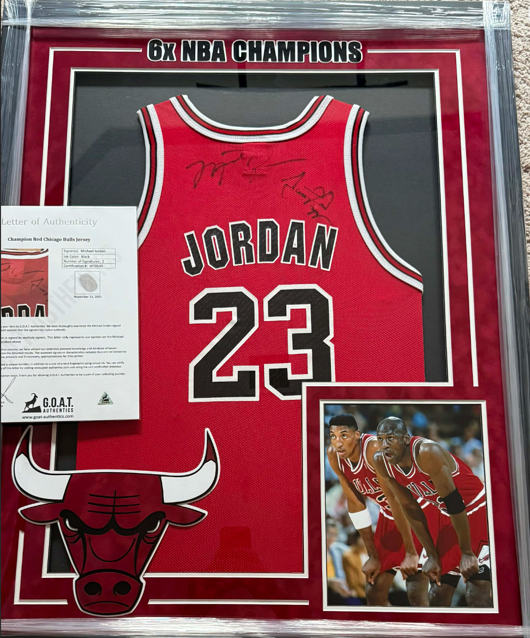 Michael Jordan and Scottie Pippen Chicago Bulls #23 Red Jersey Dual Signed Custom Framed Goat Authentics Loa