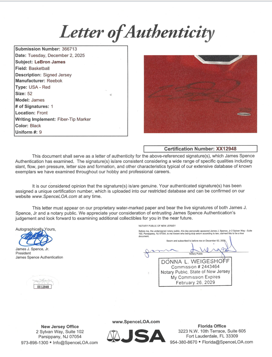 Lebron James Signed Team USA Olympic Basketball Jersey - JSA LOA