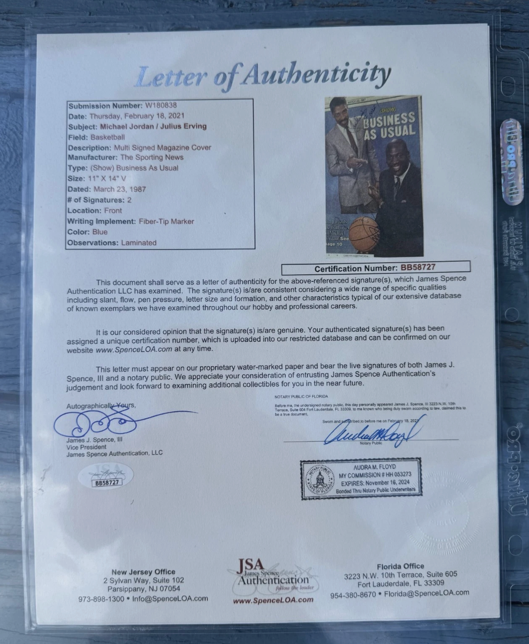 Michael Jordan auto and Dr. J autograph JSA certified Sporting News cover