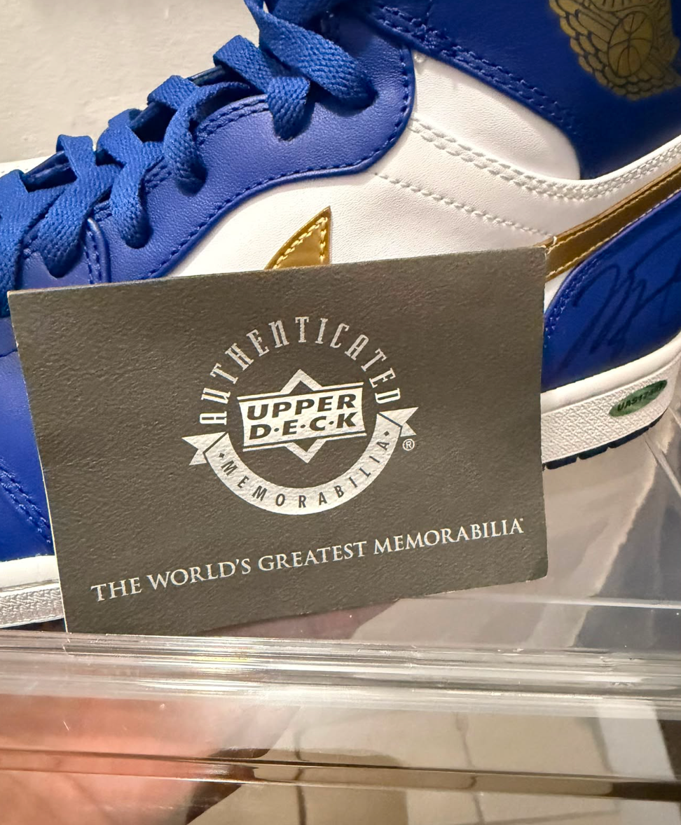 Michael Jordan Signed Nike Air Jordan 1 High Royal Blue, White & Metallic Gold Sneakers UDA with card