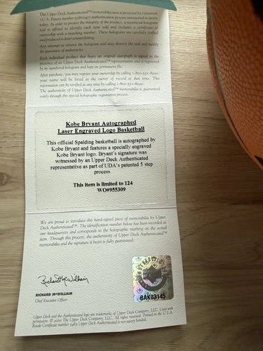 obe Bryant Signed Laser Engraved Logo Basketball Upper Deck Authentic 112/124