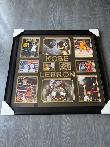 Kobe Bryant Signed Card + Lebron James Signed photo Custom Framed Piece DUAL LOA