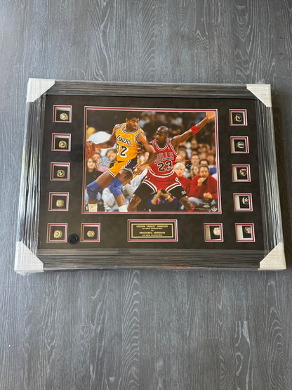 Michael Jordan X Magic Johnson Dual Signed 16x20 Photo LE /100 - BAJ06835 UDA with Card Custom Framed with RINGS