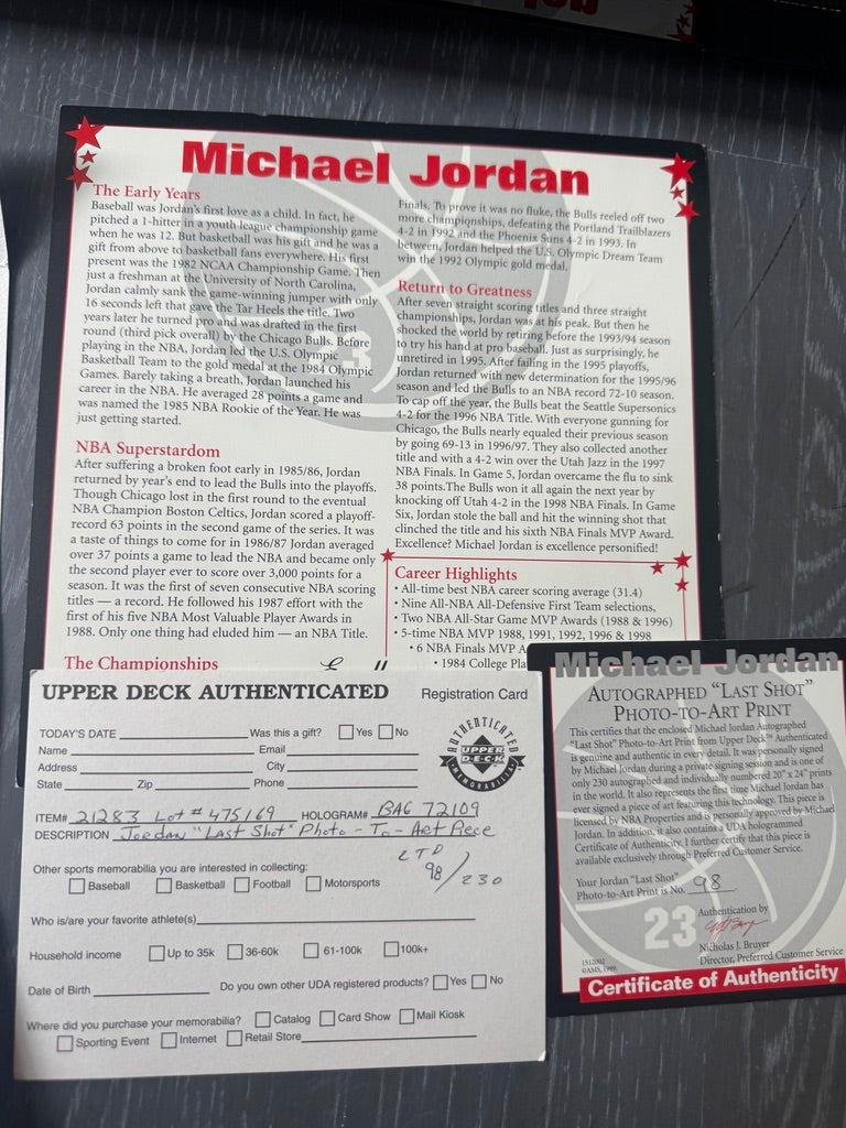 Michael Jordan Signed LE "The Last Shot" Custom Framed Photo UDA Limited Edition #98/230