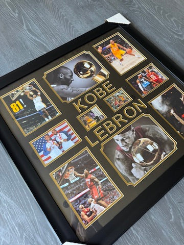 Kobe Bryant Signed Card + Lebron James Signed photo Custom Framed Piece DUAL LOA