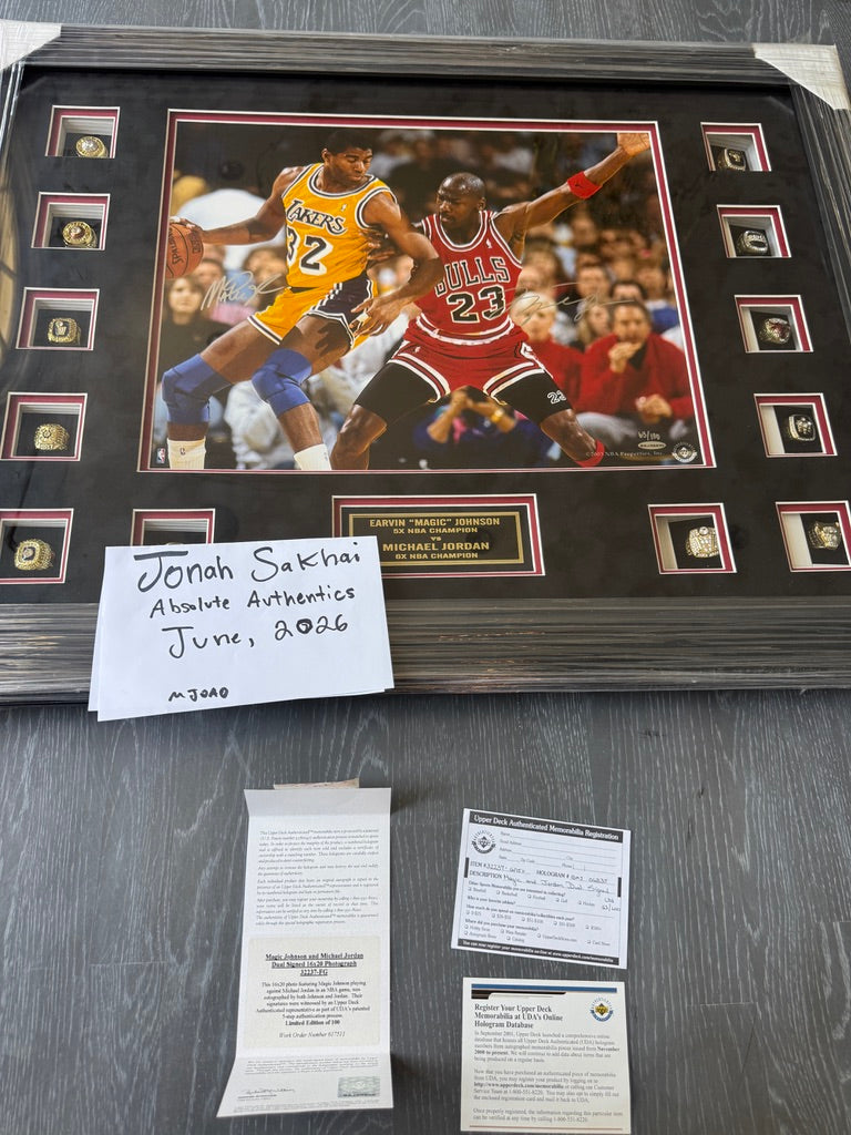 Michael Jordan X Magic Johnson Dual Signed 16x20 Photo LE /100 - BAJ06835 UDA with Card Custom Framed with RINGS