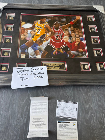 Michael Jordan X Magic Johnson Dual Signed 16x20 Photo LE /100 - BAJ06835 UDA with Card Custom Framed with RINGS
