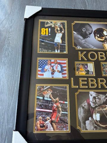Kobe Bryant Signed Card + Lebron James Signed photo Custom Framed Piece DUAL LOA