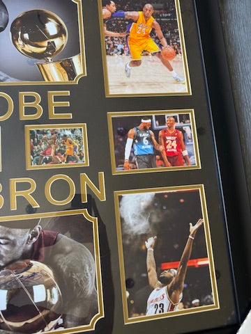 Kobe Bryant Signed Card + Lebron James Signed photo Custom Framed Piece DUAL LOA