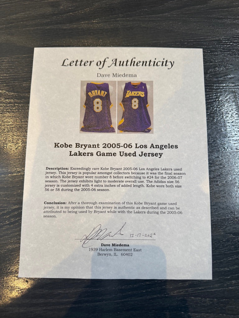 Kobe Bryant Game Used #8 jersey Dave Miedema LOA (FILL IN)