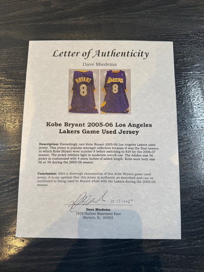 Kobe Bryant Game Used #8 jersey Dave Miedema LOA (FILL IN)