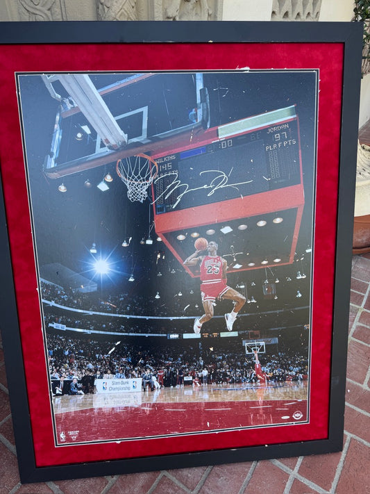 Michael Jordan Signed MASSIVE 30x40 Photo DAMADGED On actuall photo from glass, UDA (FILL IN)