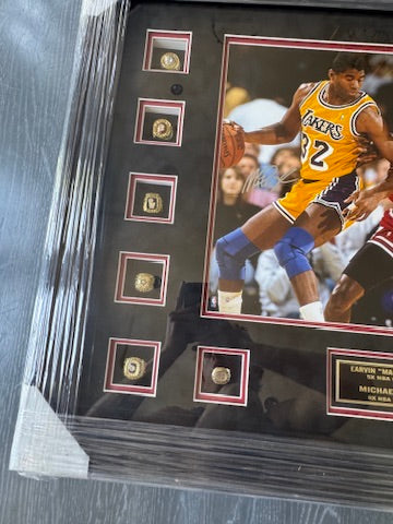Michael Jordan X Magic Johnson Dual Signed 16x20 Photo LE /100 - BAJ06835 UDA with Card Custom Framed with RINGS