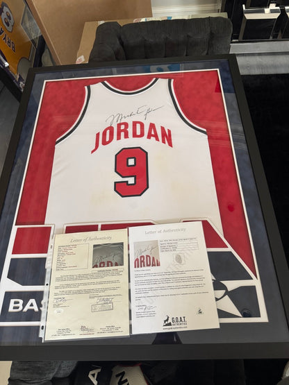 Michael Jordan Signed team USA print jersey custom framed Large bold vintage signature slight staining GOAT + JSA (FILL IN)