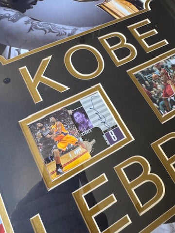 Kobe Bryant Signed Card + Lebron James Signed photo Custom Framed Piece DUAL LOA