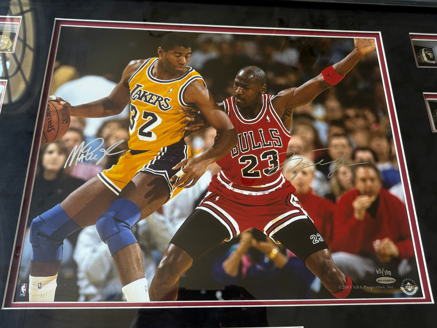 Michael Jordan X Magic Johnson Dual Signed 16x20 Photo LE /100 - BAJ06835 UDA with Card Custom Framed with RINGS