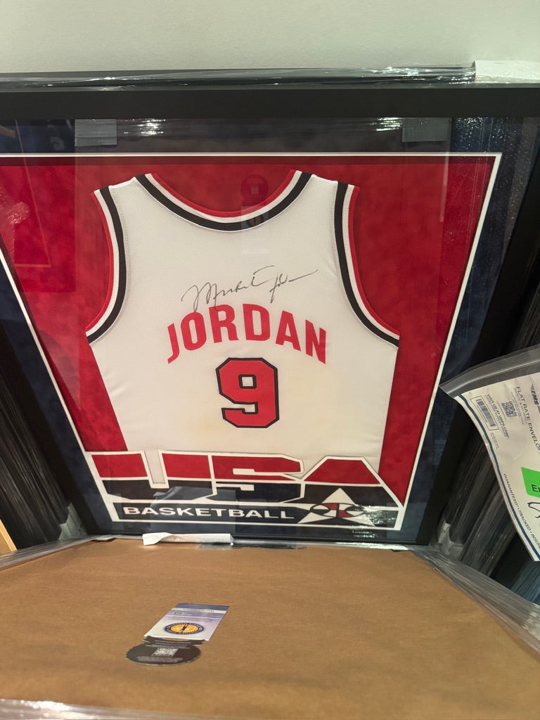 Michael Jordan Signed team USA print jersey custom framed Large bold vintage signature slight staining GOAT + JSA (FILL IN)