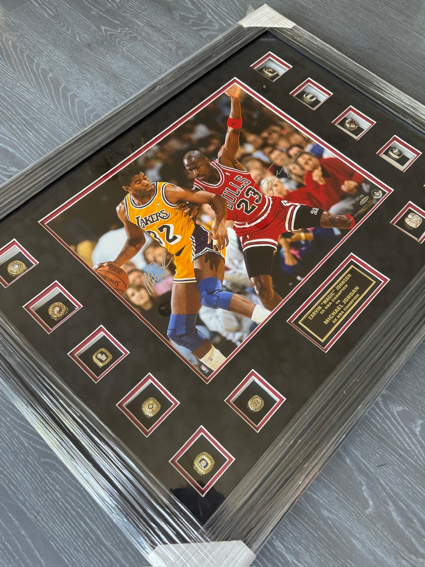 Michael Jordan X Magic Johnson Dual Signed 16x20 Photo LE /100 - BAJ06835 UDA with Card Custom Framed with RINGS