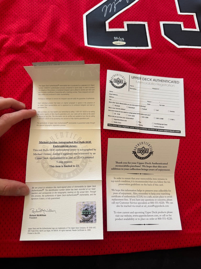 Michael Jordan Signed Red Bulls Jersey 22/23 - Hall of Fame Mitchell & Ness - UDA BAM02517 UDA Card and original box