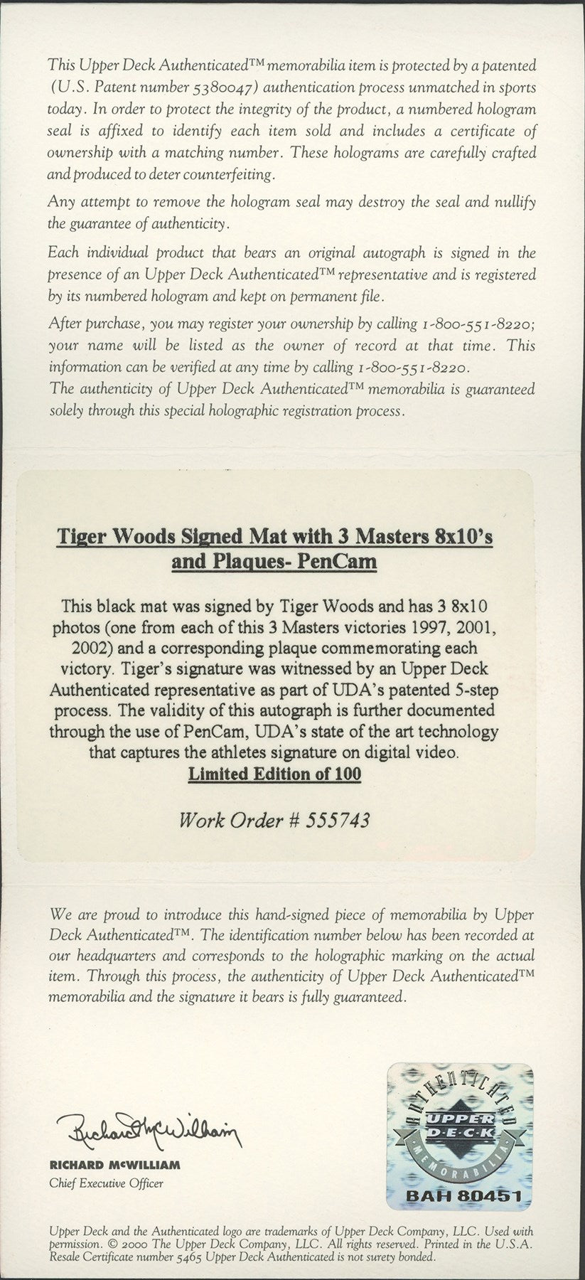 Tiger Woods Signed 1997-2002 Masters Display #97/100 (UDA)