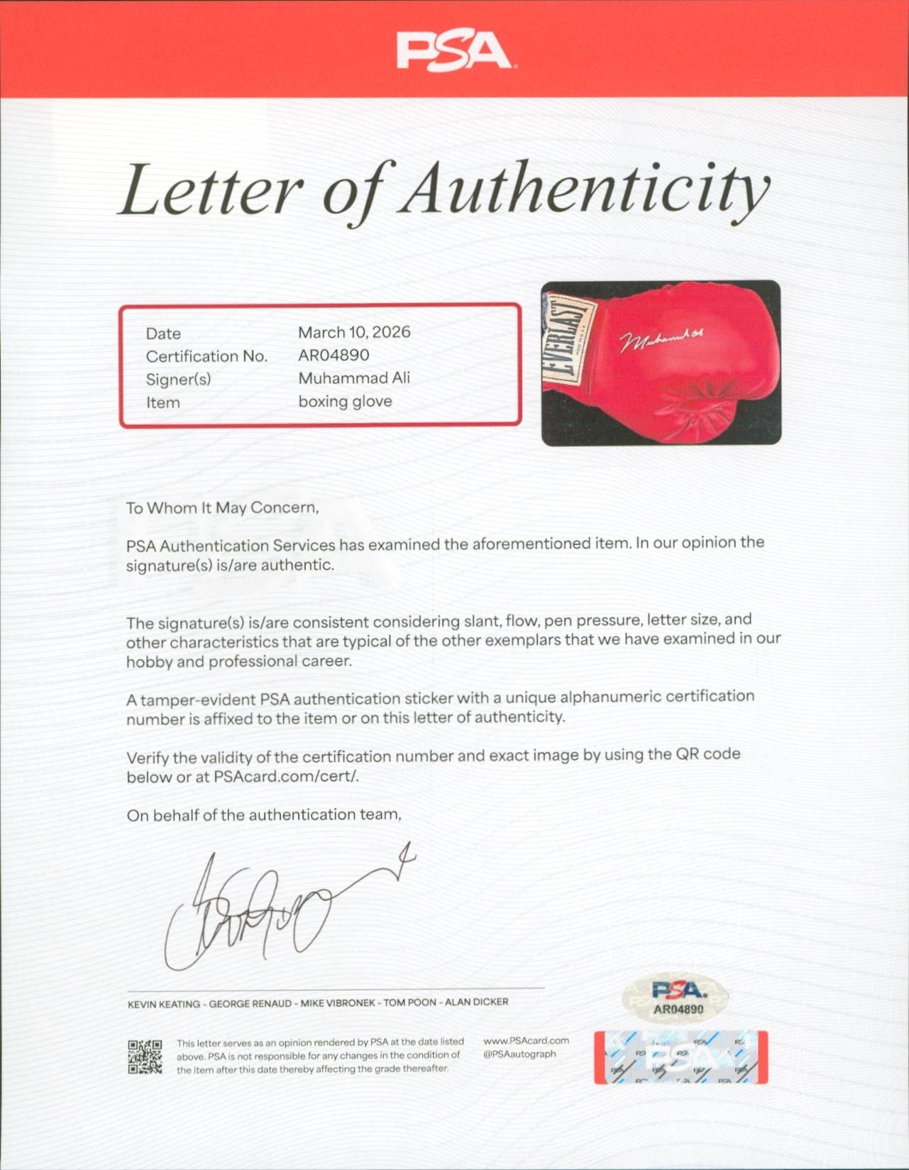 Muhammad Ali Signed Boxing Glove (PSA)