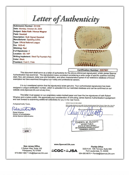 Babe Ruth & Honus Wagner Dual-Signed Official National League Baseball (JSA LOA)