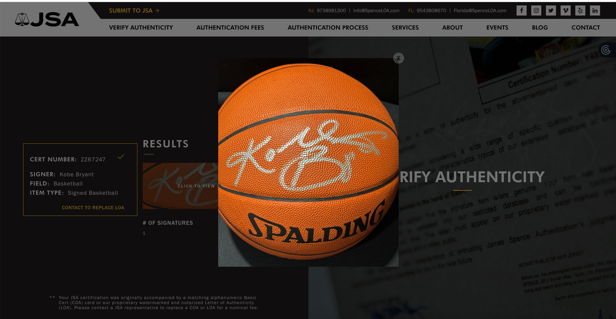 Kobe Bryant Autographed Silver Sig Spalding Basketball JSA LOA