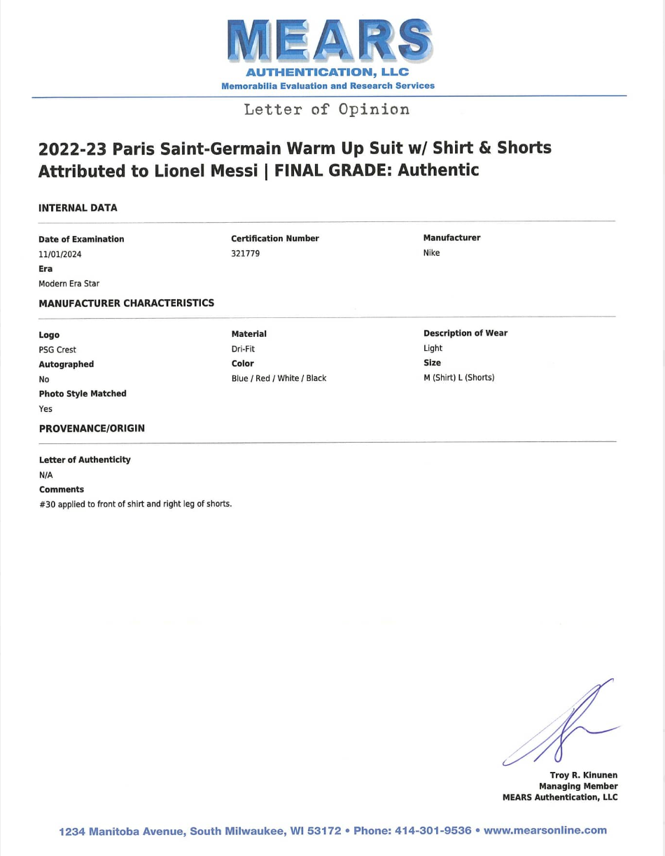 Lionel Messi 2022 23 Paris Saint Germain Nike Warm Up Shirt And Shorts Set #30 Game Used Or Game Issued Mears Loa Authentic