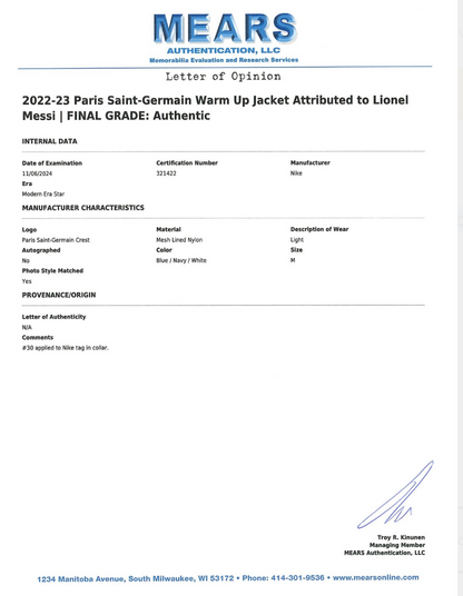 Lionel Messi 2022 23 Paris Saint Germain Nike Warm Up Jacket Game Used/ Game Issued Mears LOA