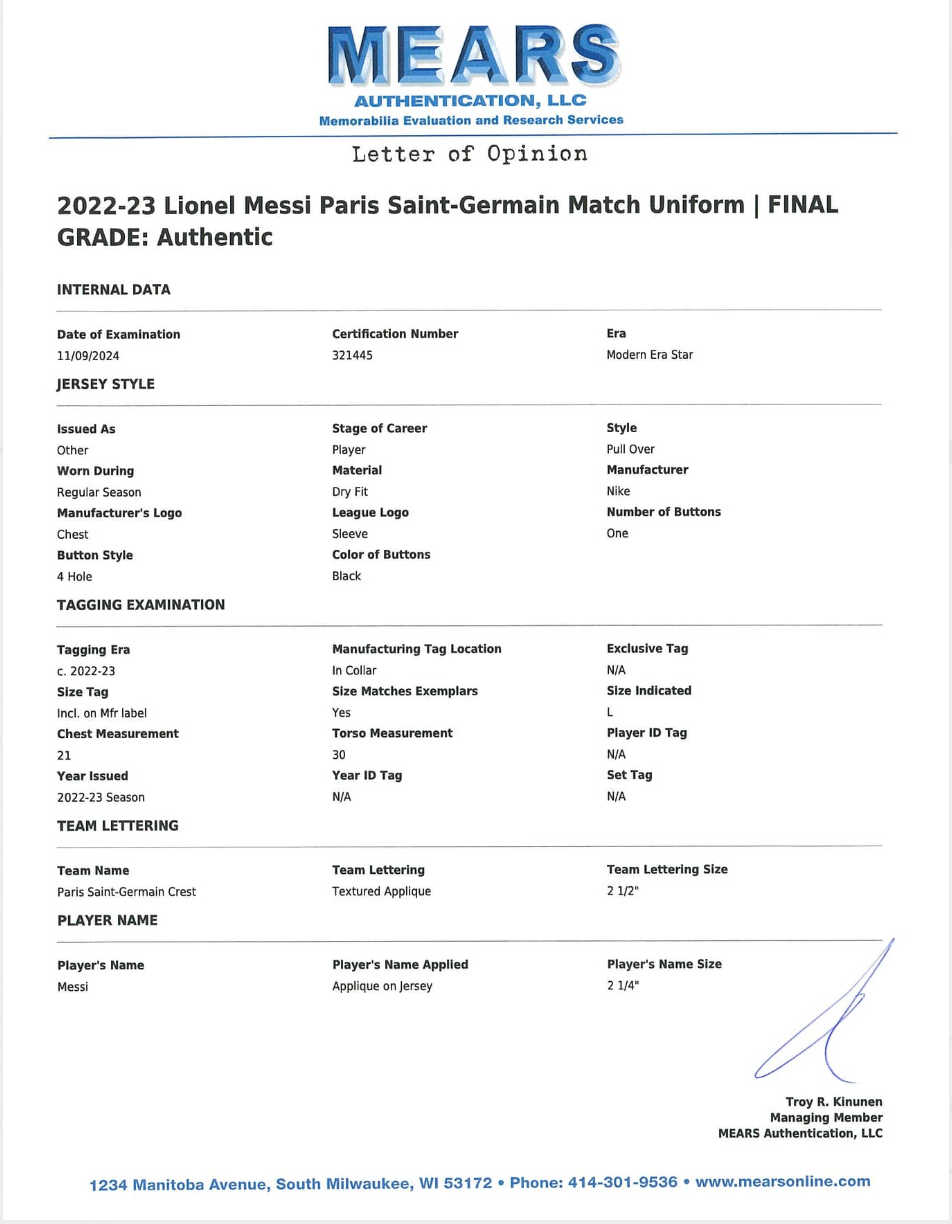 Lionel Messi 2022 23 Paris Saint Germain #30 Grey Match Jersey And Shorts Game Used/Game Issued Mears LOA