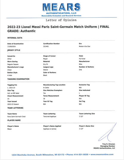 Lionel Messi 2022 23 Paris Saint Germain #30 Grey Match Jersey And Shorts Game Used/Game Issued Mears LOA