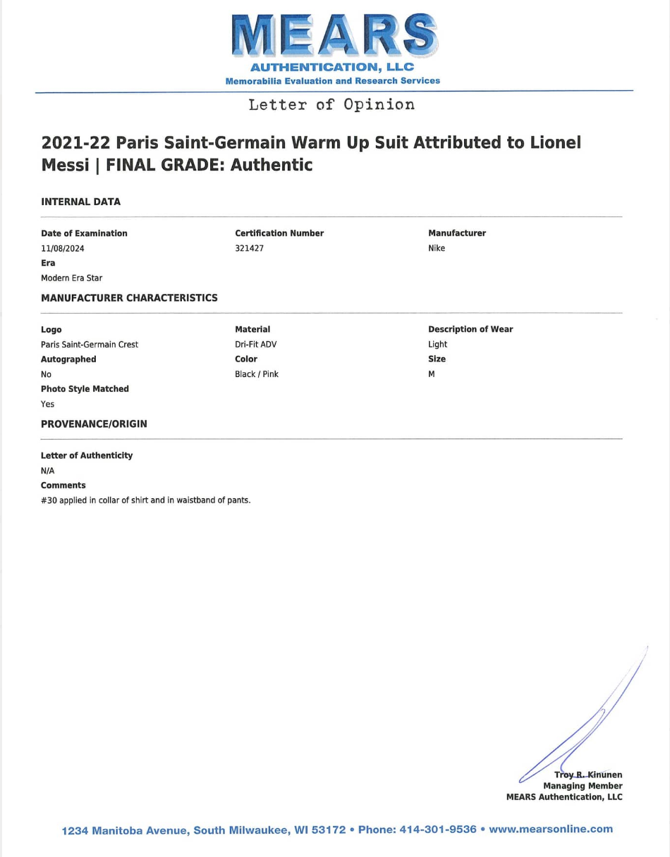 Lionel Messi 2021 22 Paris Saint Germain Warm Up Suit Game Used/Game Issued Mears LOA