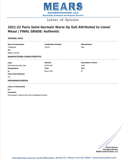 Lionel Messi 2021 22 Paris Saint Germain Warm Up Suit Game Used/Game Issued Mears LOA