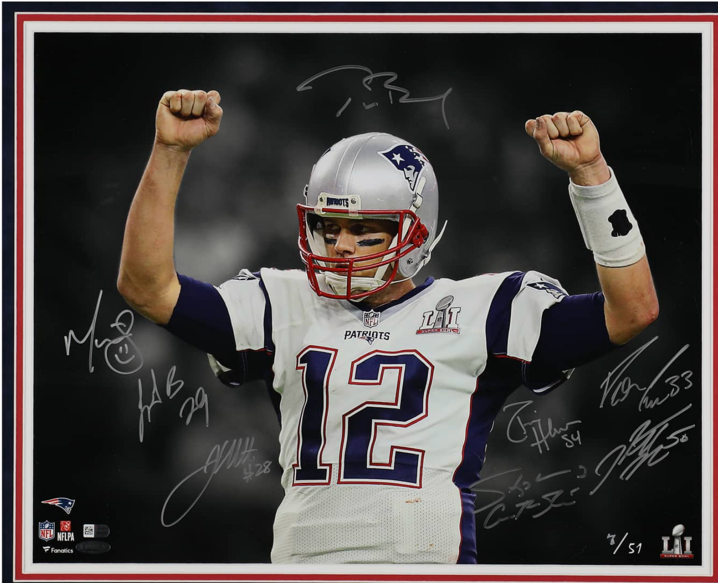 Super Bowl LI Champion New England Patriots Multi-Signed, Framed Photograph (8 Signatures) LE (#7/51) - Featuring Tom Brady, James White, Rob Ninkovich - 30 x 30 - Fanatics, Tristar