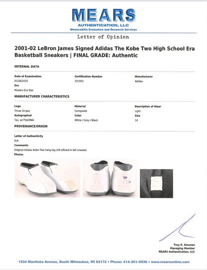LeBron James 2001 02 Signed And Inscribed King James GAME WORN/ ISSUED Adidas The Kobe Two High School Era Sneakers  MEARS LOA PSA/DNA LOA