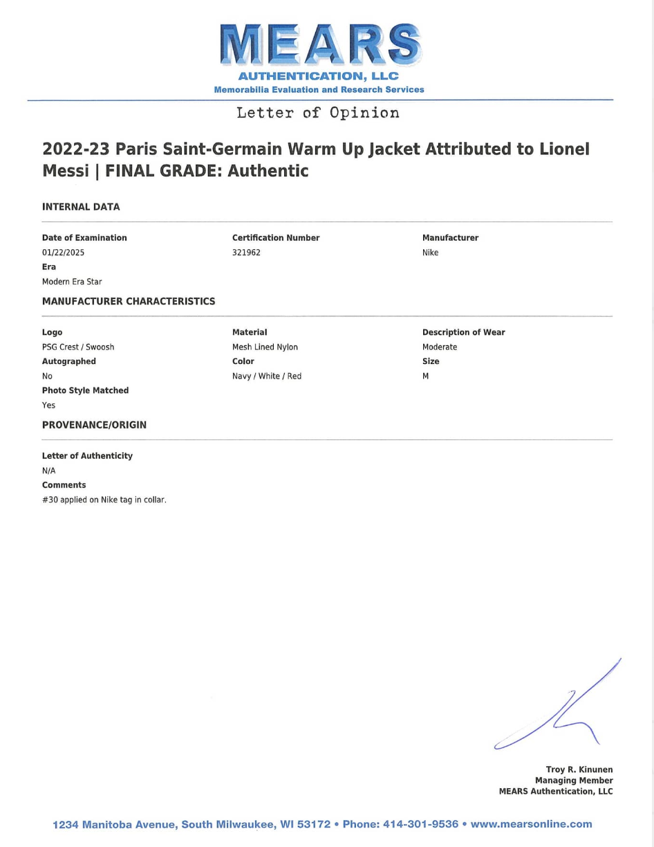 Lionel Messi 2022 23 Paris Saint Germain Warm Up Jacket Game Used/Game Issued Attributed To Messi MEARS LOA Authentic