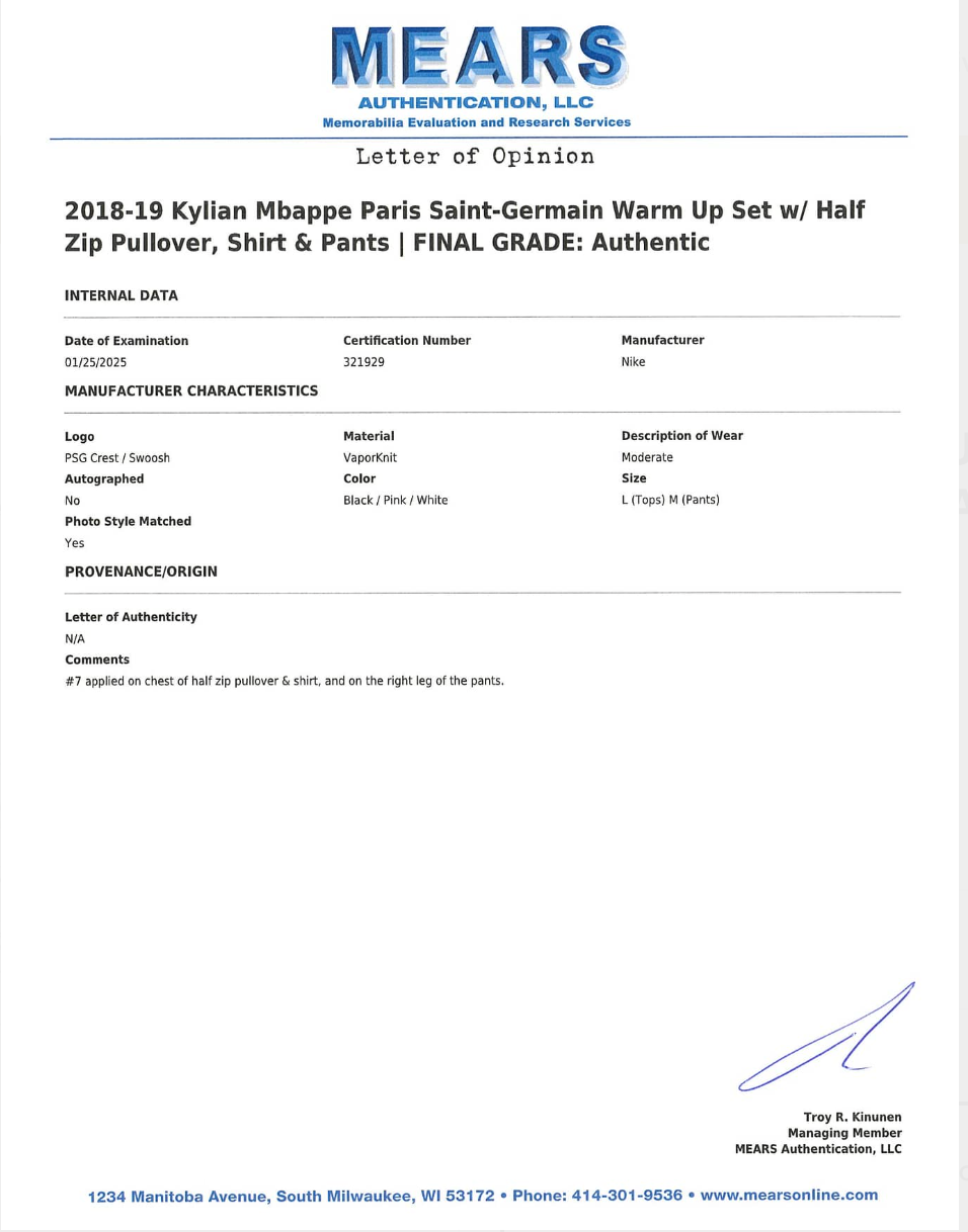 Kylian Mbappe 2018 19 Paris Saint Germain Warm Up Set Game Used/Game Issued Half Zip Pullover Shirt And Pants MEARS LOA