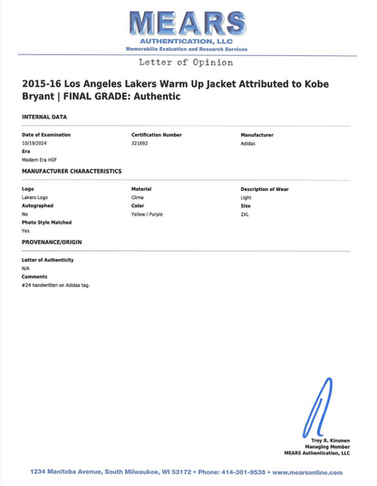 Kobe Bryant 2015 16 Los Angeles Lakers Adidas Warm Up Jacket Game Used/Game Issued Mears LOA