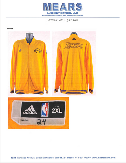 Kobe Bryant 2015 16 Los Angeles Lakers Adidas Warm Up Jacket Game Used/Game Issued Mears LOA