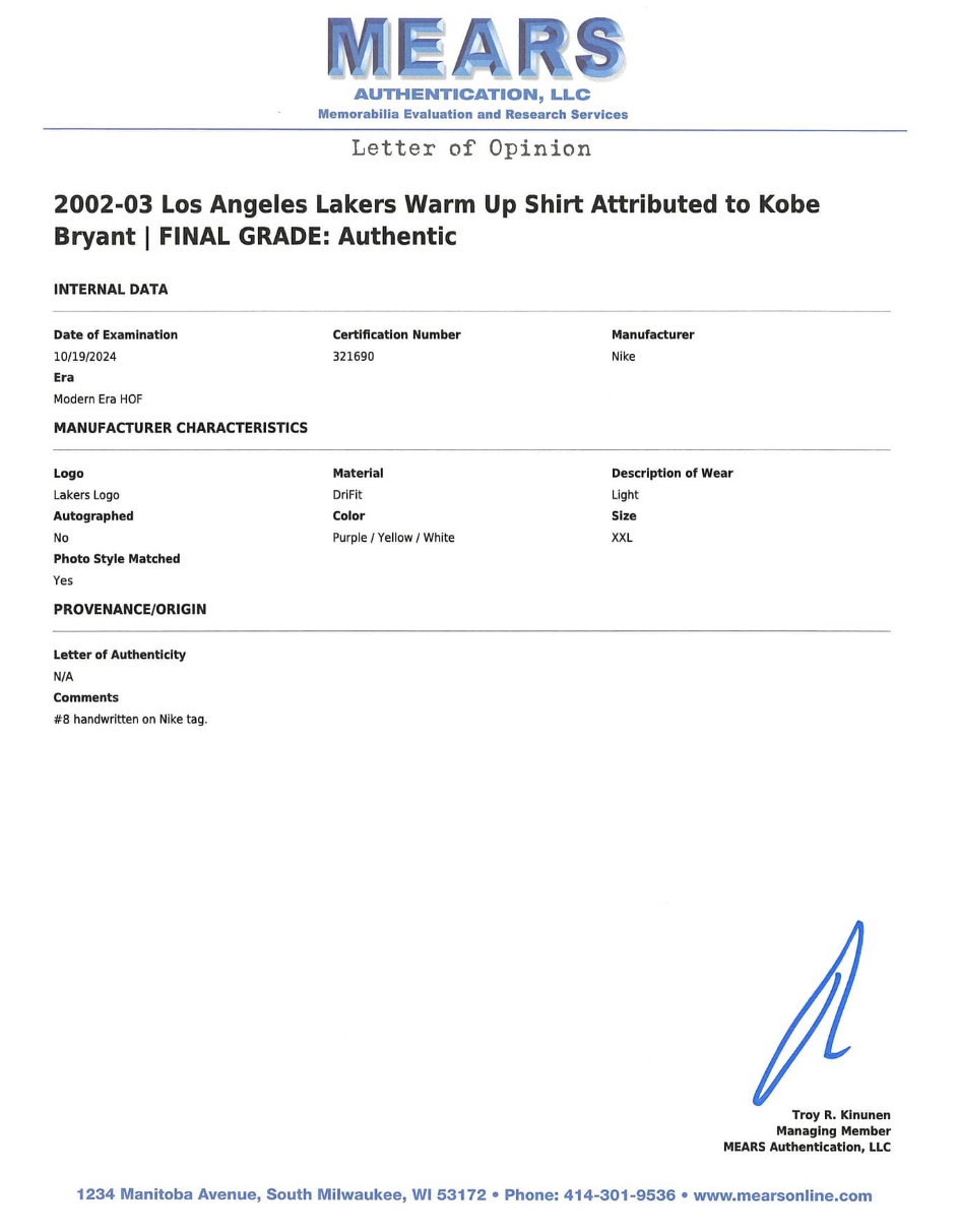 Kobe Bryant 2002 03 Los Angeles Lakers Warm Up Shirt Game Used/Game Issued MEARS LOA Authentic