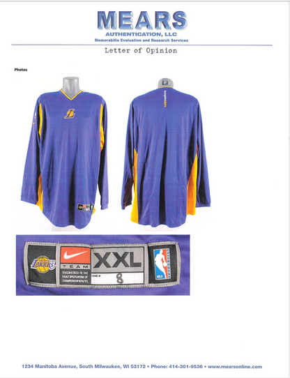 Kobe Bryant 2002 03 Los Angeles Lakers Warm Up Shirt Game Used/Game Issued MEARS LOA Authentic