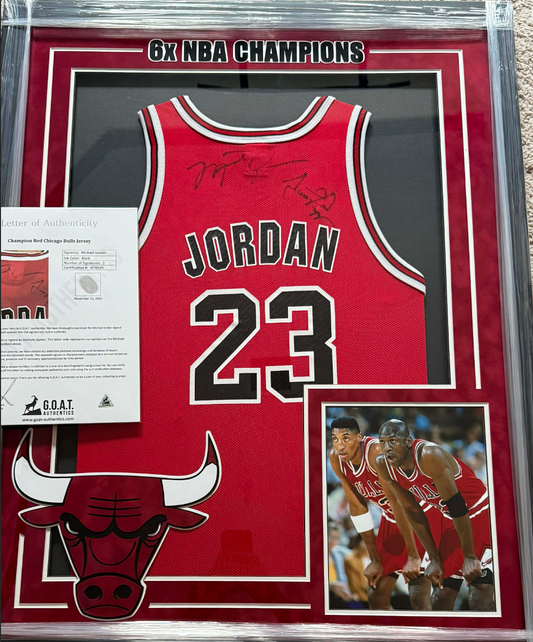 Michael Jordan and Scottie Pippen Chicago Bulls #23 Red Jersey Dual Signed Custom Framed Goat Authentics Loa