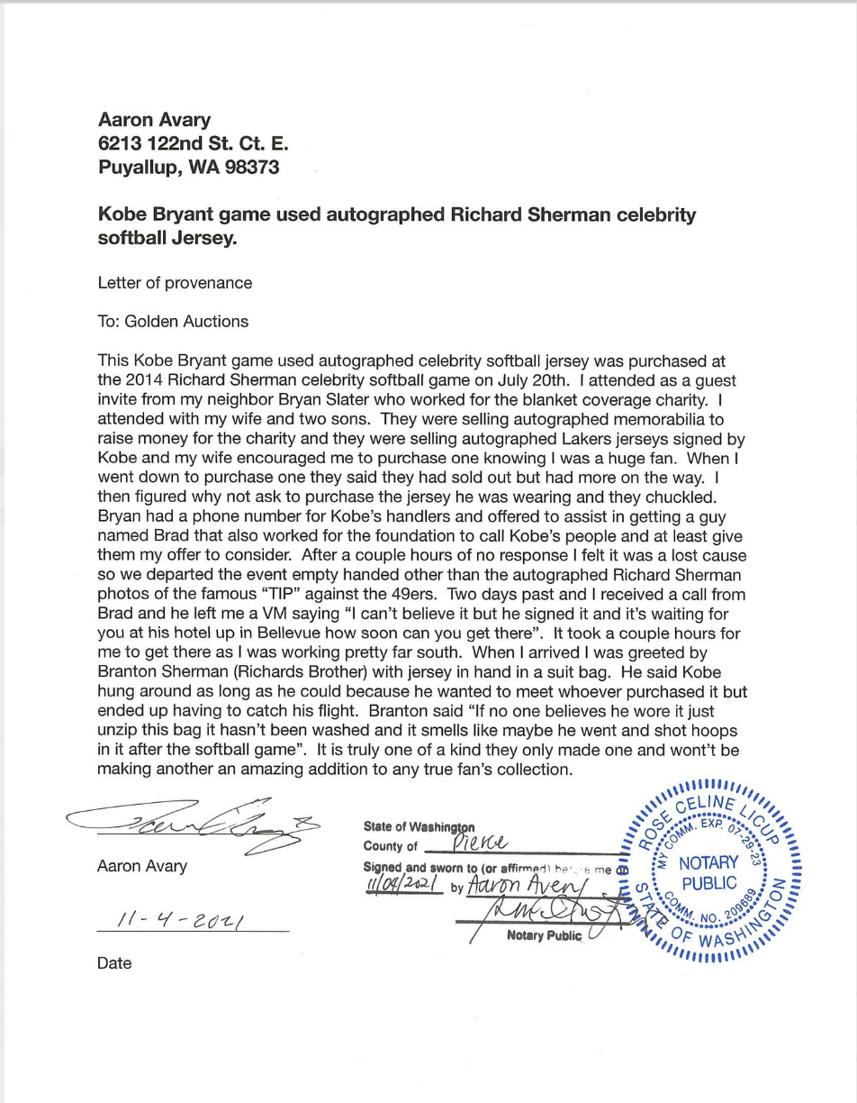 Kobe Bryant 2014 Richard Sherman Celebrity Softball GAME USED Photo Matched Signed Jersey #24 Aaron Avery LOP Beckett LOA