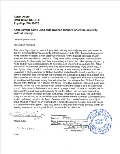 Kobe Bryant 2014 Richard Sherman Celebrity Softball GAME USED Photo Matched Signed Jersey #24 Aaron Avery LOP Beckett LOA