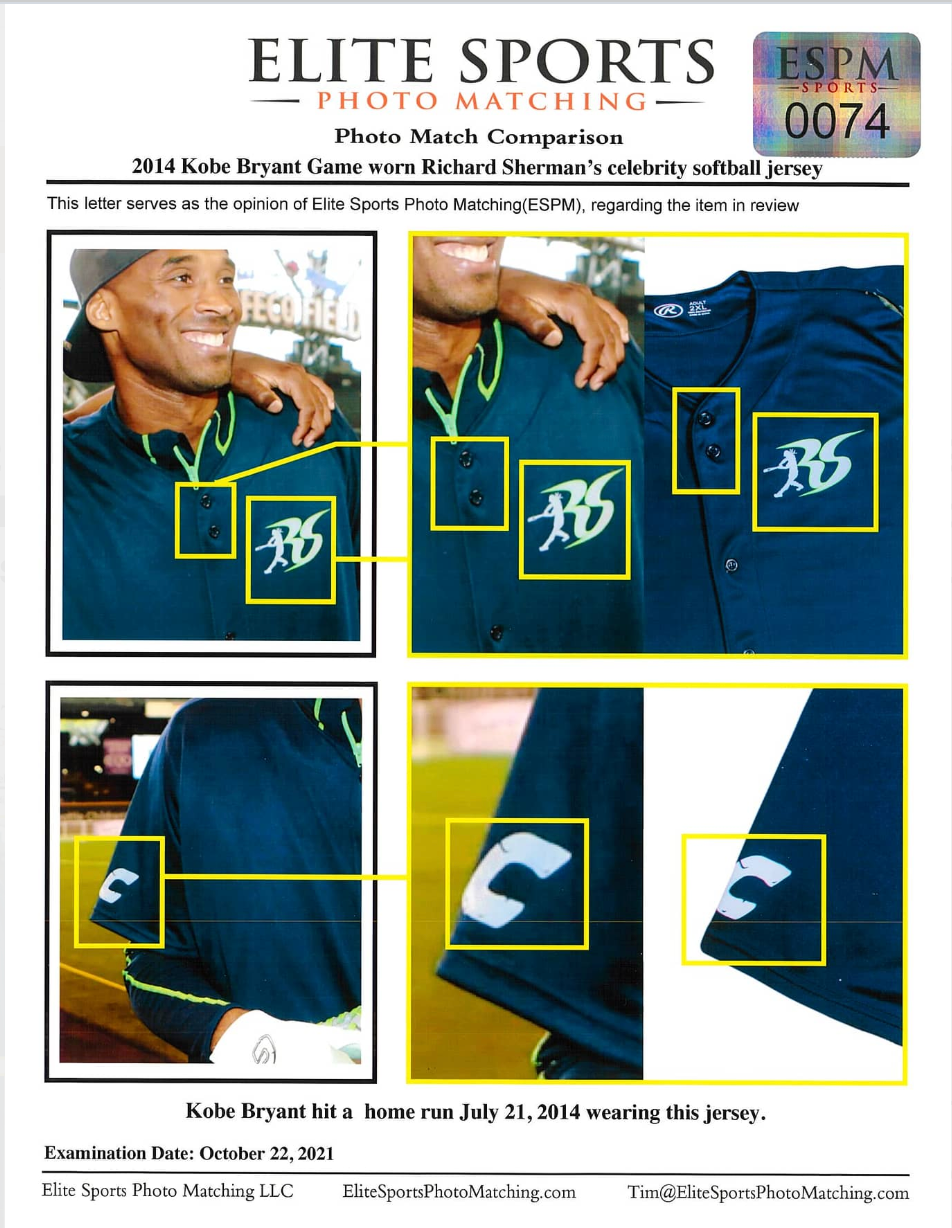 Kobe Bryant 2014 Richard Sherman Celebrity Softball GAME USED Photo Matched Signed Jersey #24 Aaron Avery LOP Beckett LOA