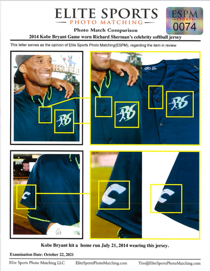 Kobe Bryant 2014 Richard Sherman Celebrity Softball GAME USED Photo Matched Signed Jersey #24 Aaron Avery LOP Beckett LOA