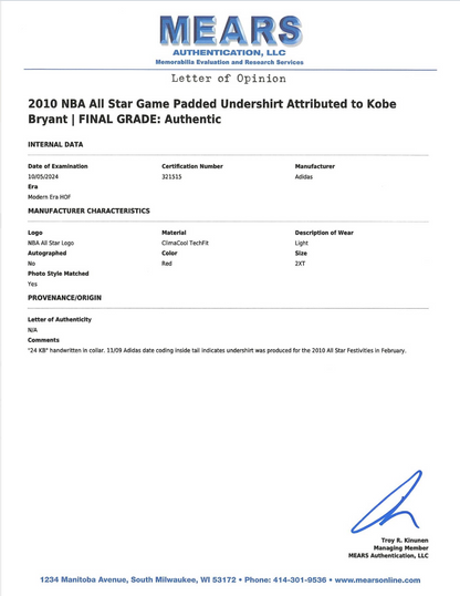 Kobe Bryant 2010 NBA All Star Game Padded Undershirt Game Used MEARS LOA + Grey Flannel LOA